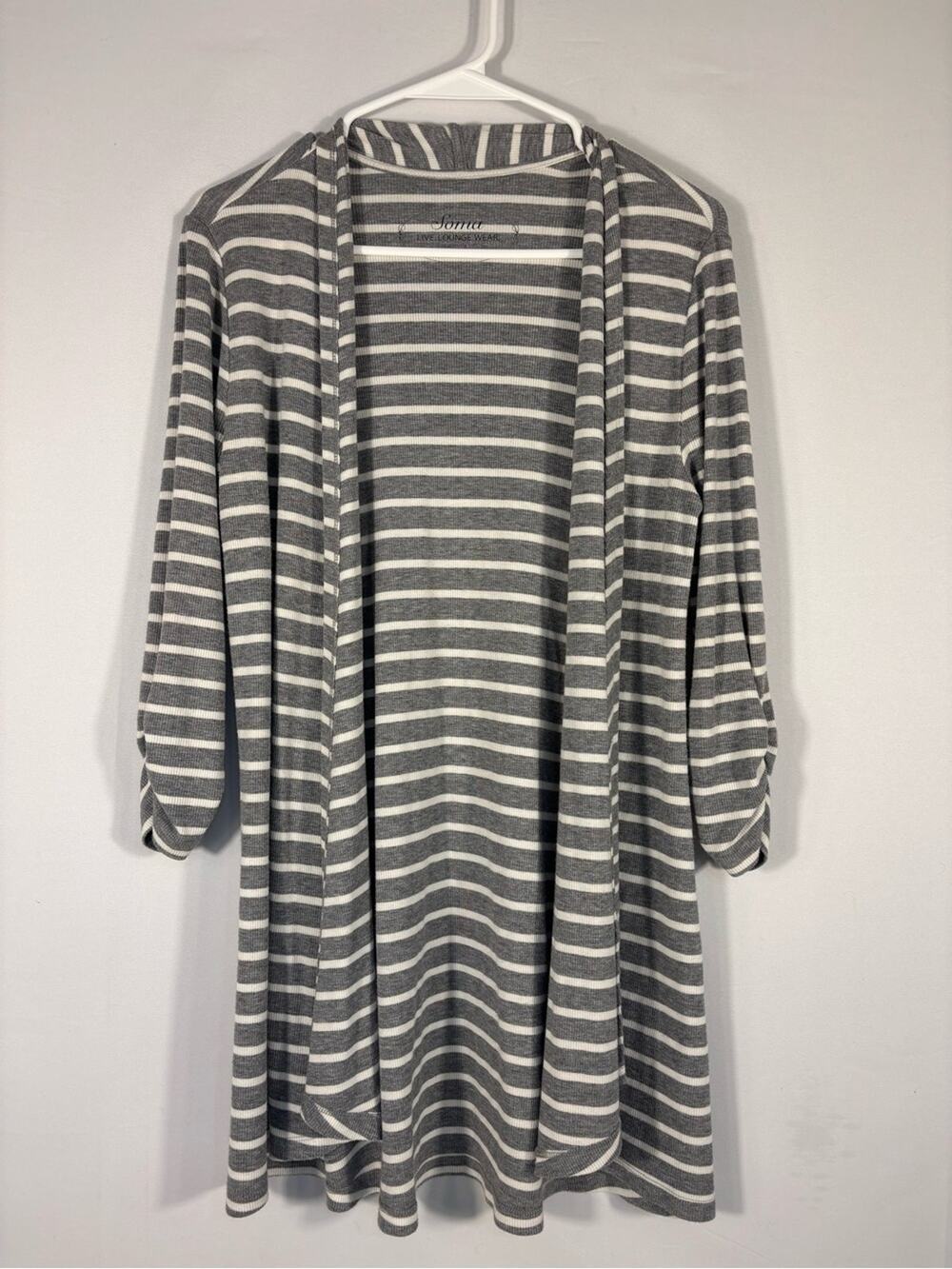 Soma Live Lounge Wear Gray White Striped Open Front Cardigan Medium 1287